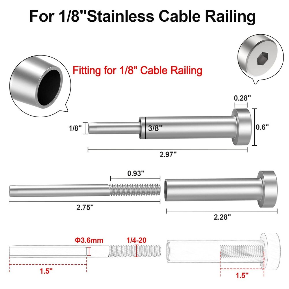 20 Pack 1/8" Invisible Cable Railing Kit Receiver and Swage Stud End Fors Deck
