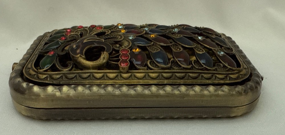 Antique style rectangle compact Purse mirror Peacock design metal multicolored