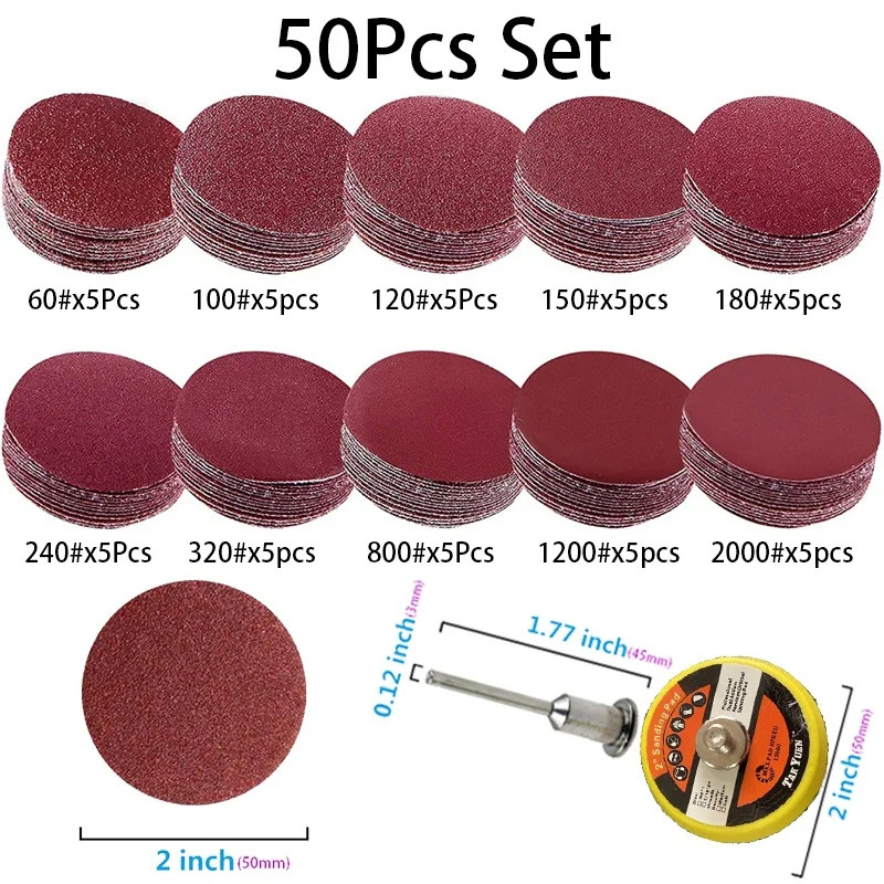 50/100pcs Set 2 inch Sanding Discs Pad Kit for Drill Grinder Rotary Tools with B