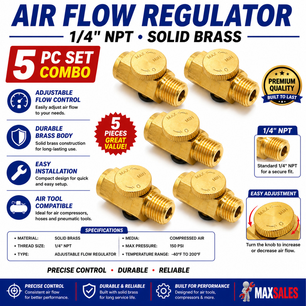 5-PC Air Regulator Solid Brass Air Compressor Adjustable Air Flow Tools 1/4" NPT