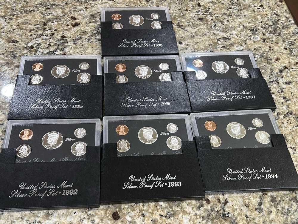 1992-1998 SILVER PROOF SET-COMPLETE RUN-90 % SILVER..7 Silver Sets..