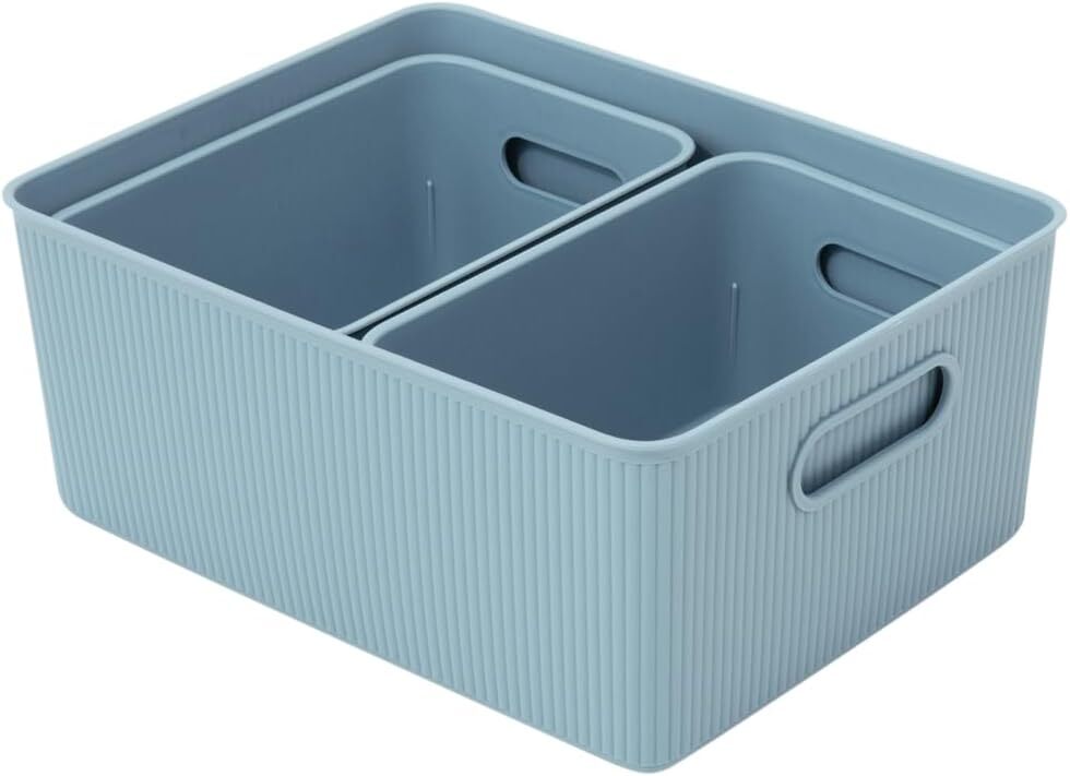 Ribbed Plastic Open Storage Bins Organizer, Blue (Set of 3) 1 Large, 2 Medium