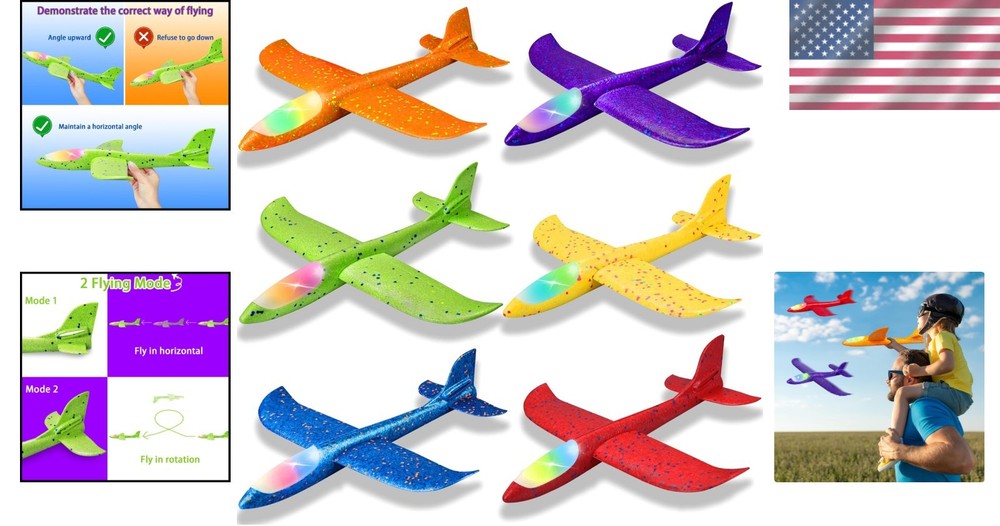 Interactive 6 Pack Airplane Toys with LED Lights - 17.5" Glide & Rotate Modes