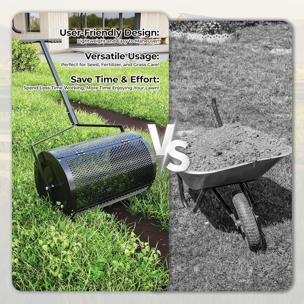 24" Lawn Spreader Multi-Use Compost & Mulch Spreader with Adjustable Roller