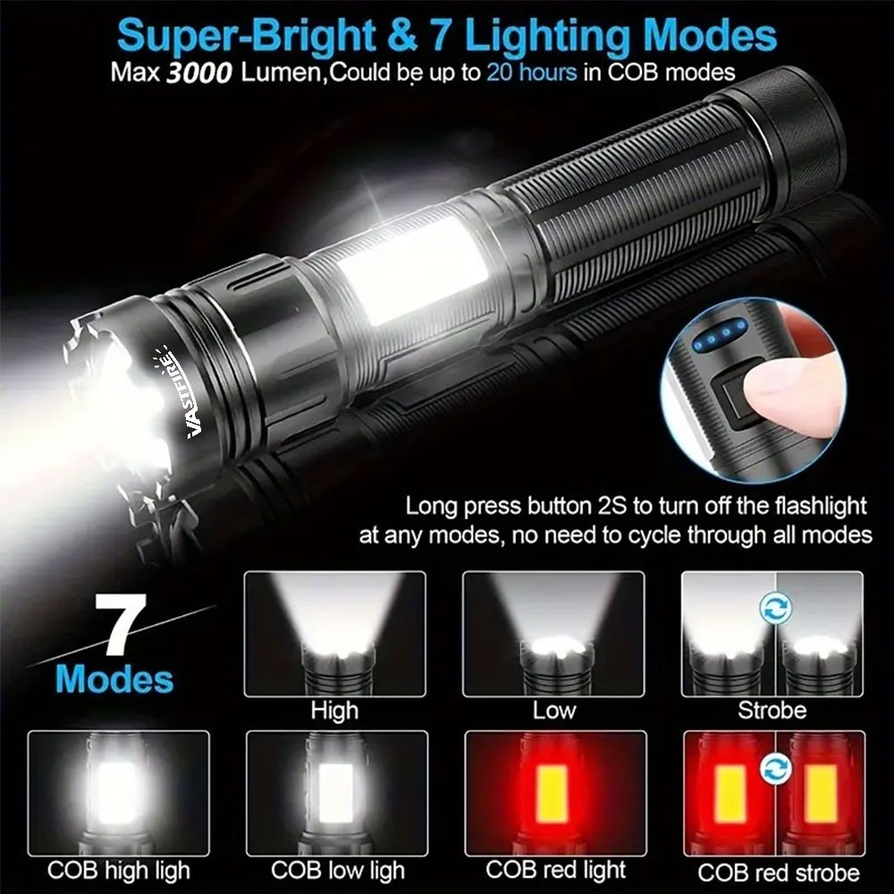 Super Bright LED Flashlight Zoomable Torch USB Rechargeable COB Side Soft Light