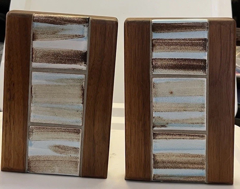Gordon Jane Martz For Marshall Studios Ceramic Tile Walnut Bookends MCM 1960s