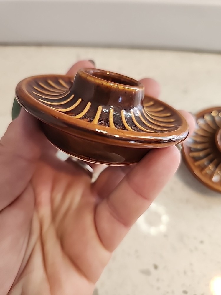 Vintage Stoneware Candle Holder Pair Brown