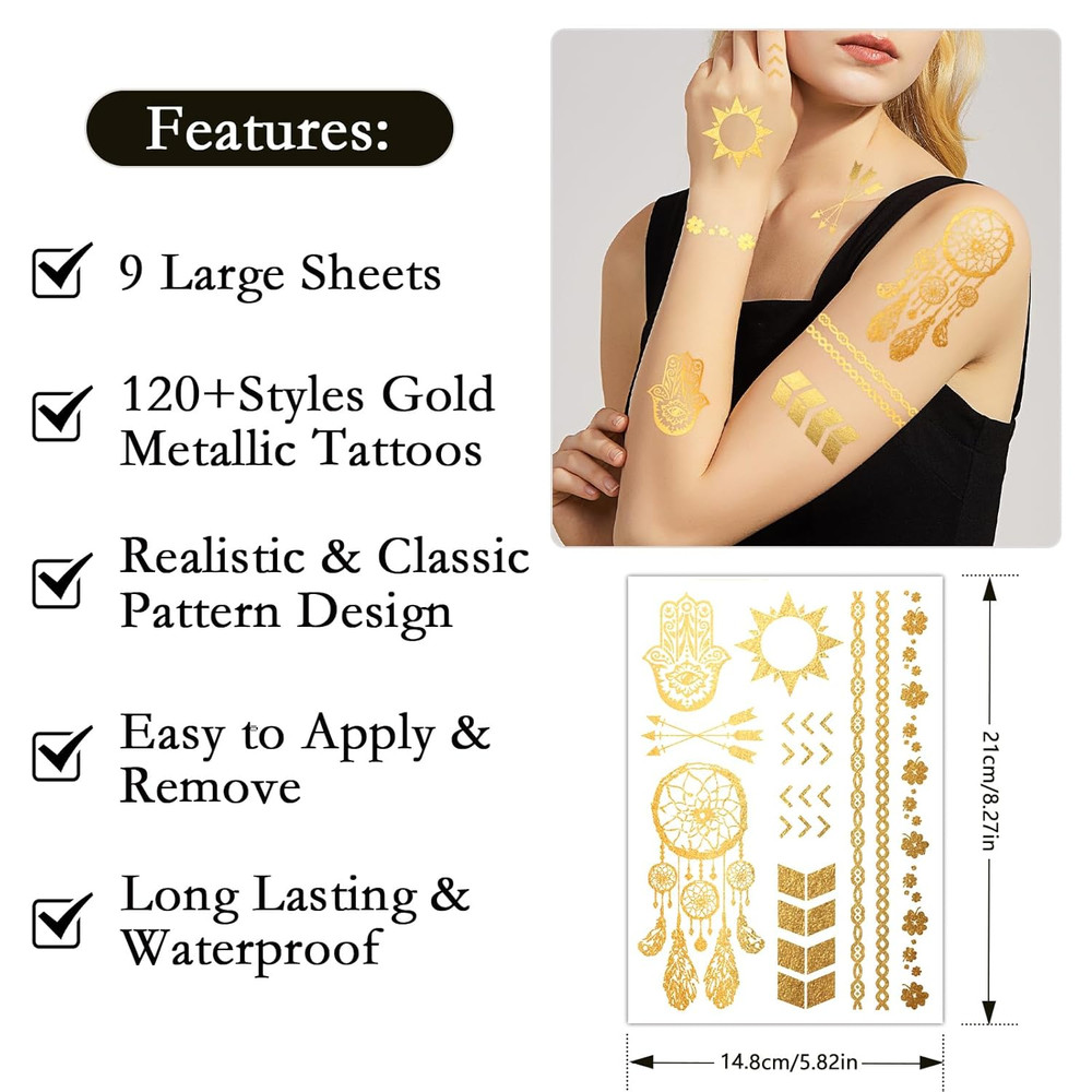 9 Sheets Metallic Tattoos, Elaborate Floral Elephant Patterns Metallic Temporary
