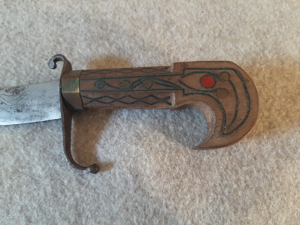 Vintage Fixed Blade Curved Dagger with Inlayed Wooden Handle & Sheath