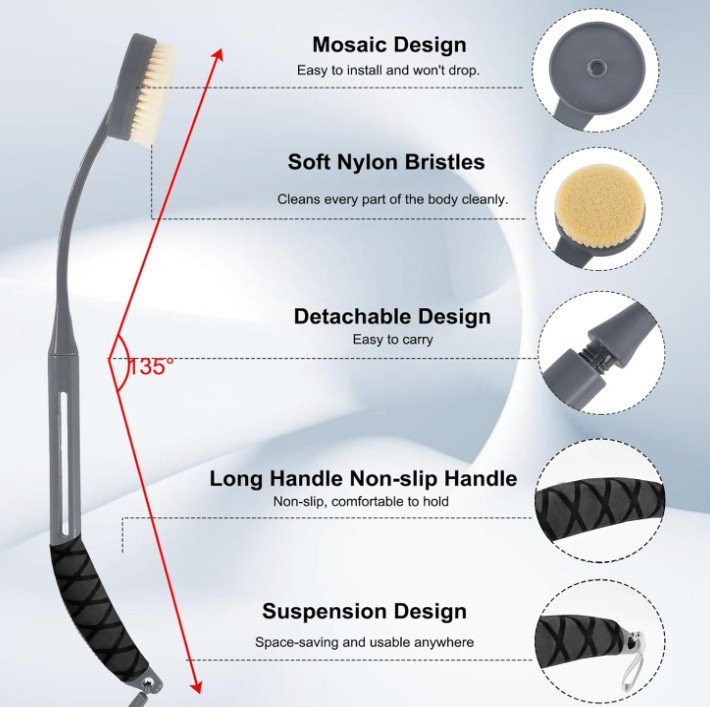 20.5" Bath Brush Long Handle for Deep Cleaning, Back Brush (Grey)