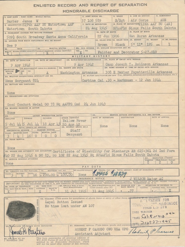 1945 US Army Honorable Discharge & Separation Qualification Record & Birth Cert