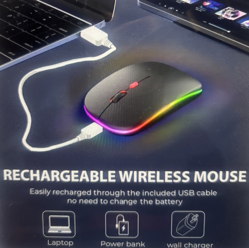 Wireless Mouse Slim Light-Up Rechargeable LED 2.4Ghz With USB receiver