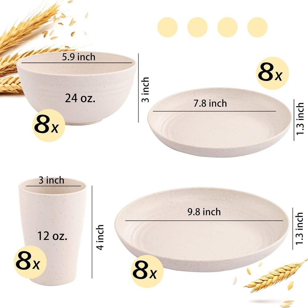 32pcs Wheat Straw Dinnerware Microwave Dishwasher Safe Dish Sets for 8 Beige
