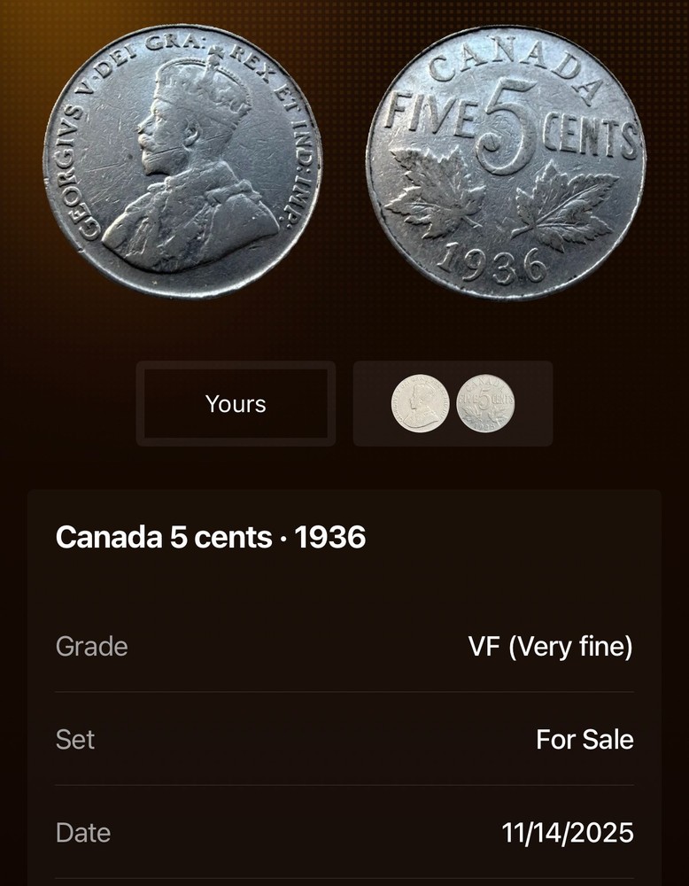 1936 Canada 🇨🇦 5 Cents ~ (VF) Condition