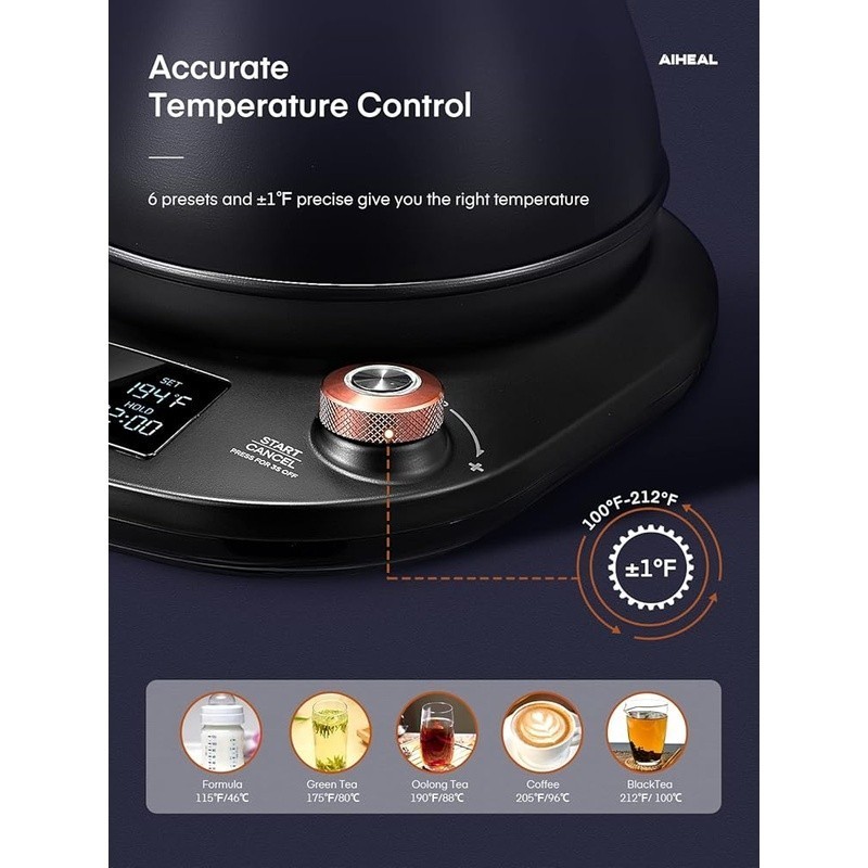 Electric Kettle Gooseneck Design Temperature Control LCD Display Auto Shut-Off