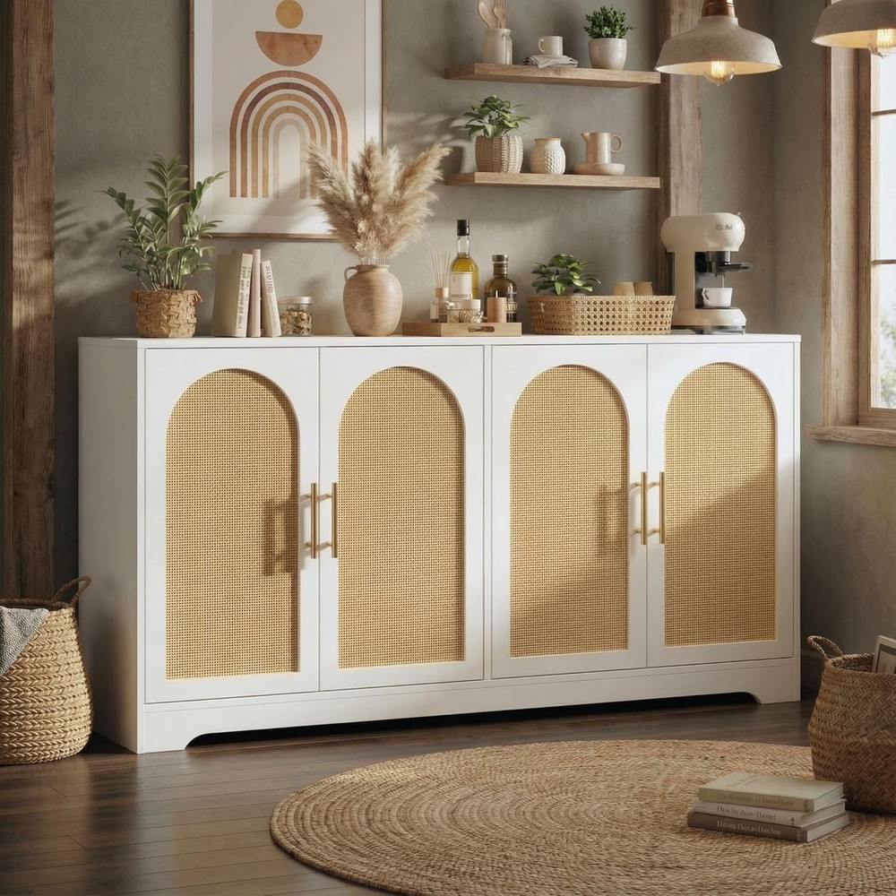 30" W Sideboard Buffet Cabinet- W/ 2 Rattan Doors Large Storage Console Table &