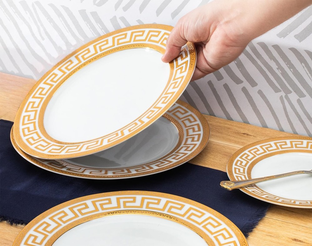 Dinnerware Set Service for 4 - White/Gold Greek Key Inspired Design Tableware