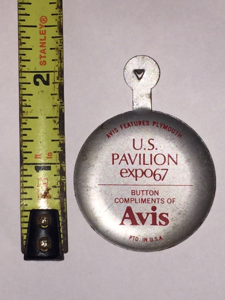 Expo 67 US Pavilion Avis Tin Foldover Tab Button Union Label