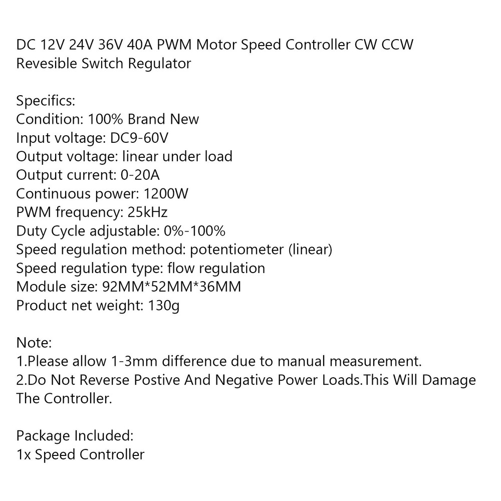 12V 24V Max 20A PWM DC Motor Stepless Variable Speed Control Controller US