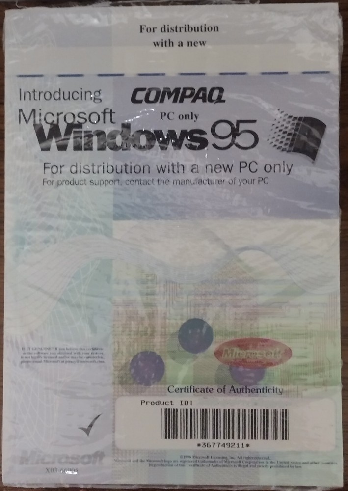Windows 95 License for COMPAQ PC No CD Open Package.
