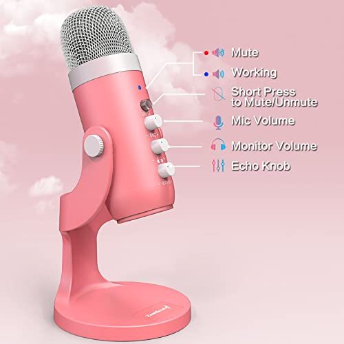 Gaming USB Pink Microphone with Quick Mute for Phone Computer PC PS5,Studio