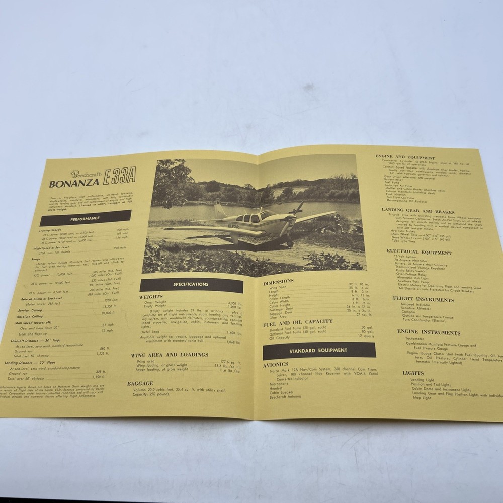 1967 BEECHCRAFT Bonanza E33A Advertising Fold Out Specifications