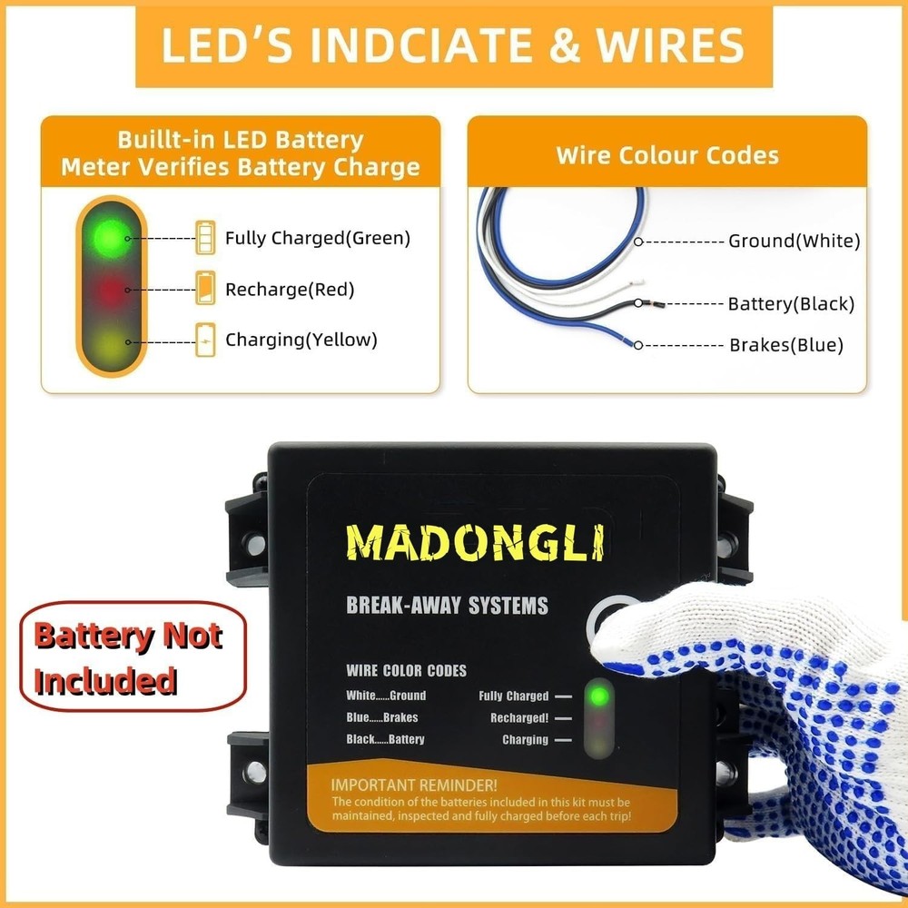 Trailer Electric Break Away Brake Kit 12V Battery Charger Breakaway