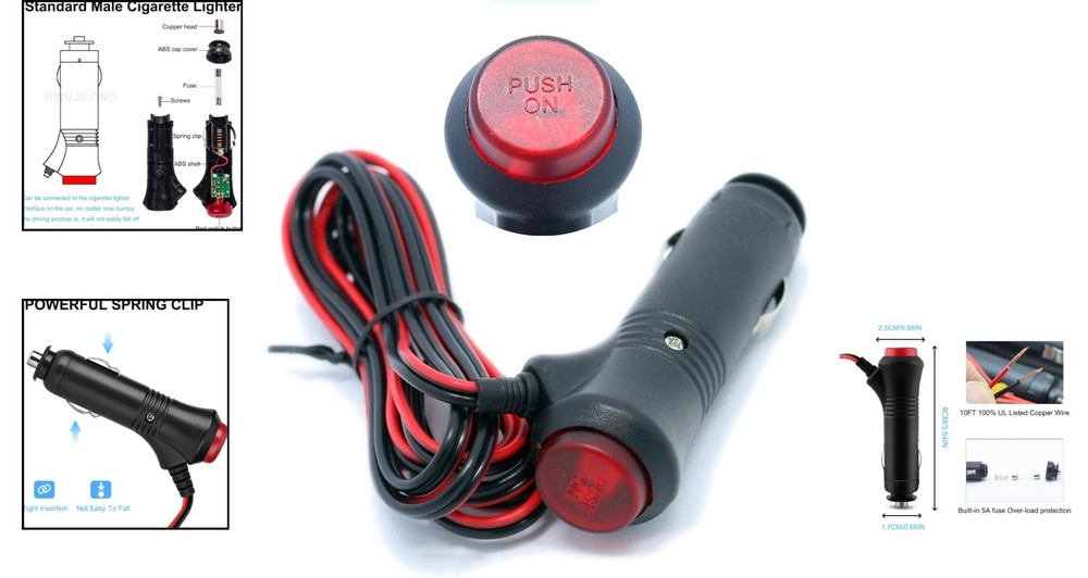 10FT 12V Male Cigarette Lighter Adapter - Convenient Switch & Indicator Light