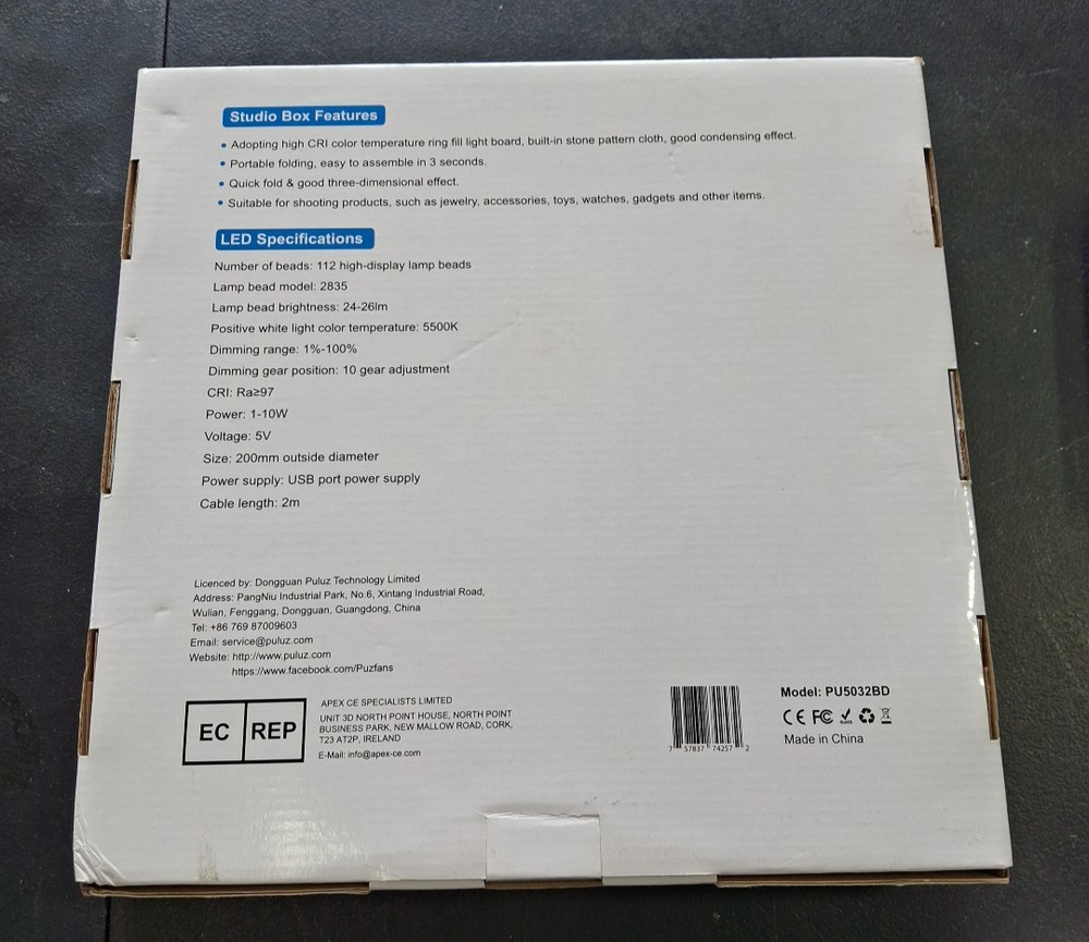 PULUZ 30cm Foldable LED Ring Light Studio Box *A1