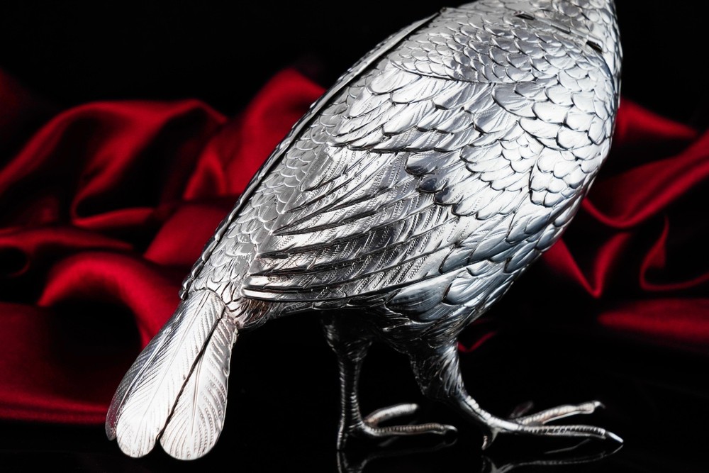 Antique Solid Silver Large Partridge/Grouse Bird Model Box - Edwardian 1910