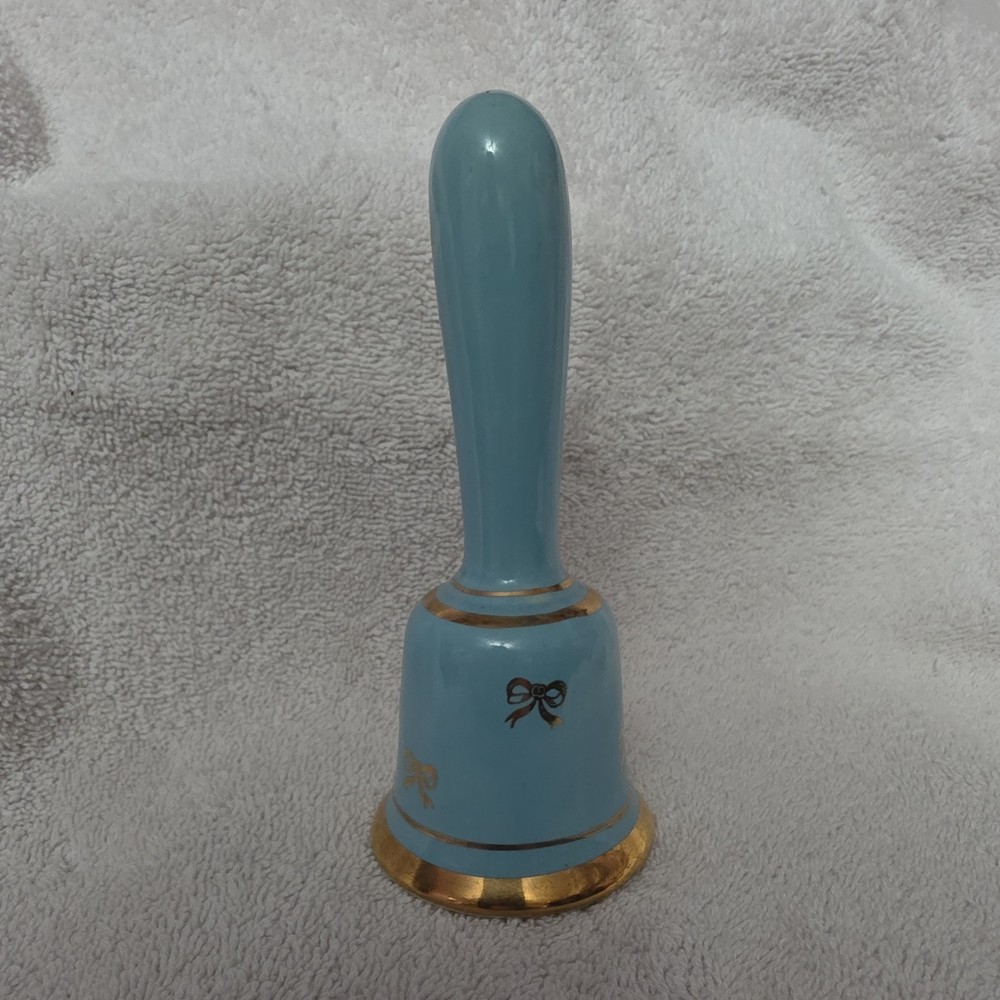 Ceramic Blue and Gold Decorative Bell with Bow Pattern and Glossy Finish
