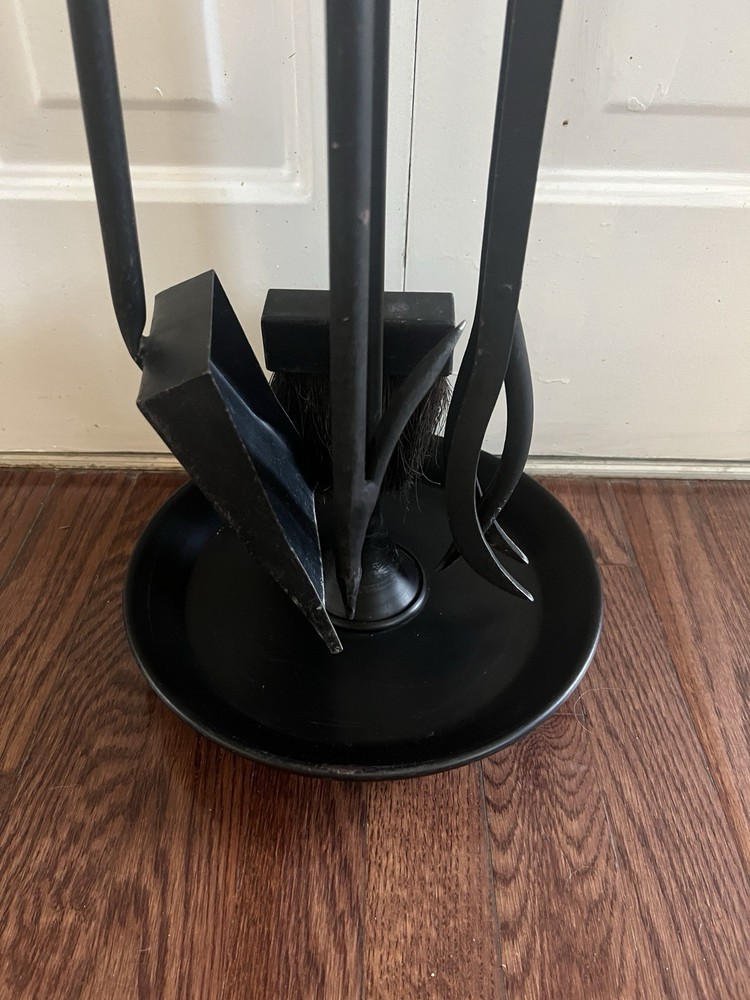 Jacques Adnet Style Leather and Iron Fireplace Set