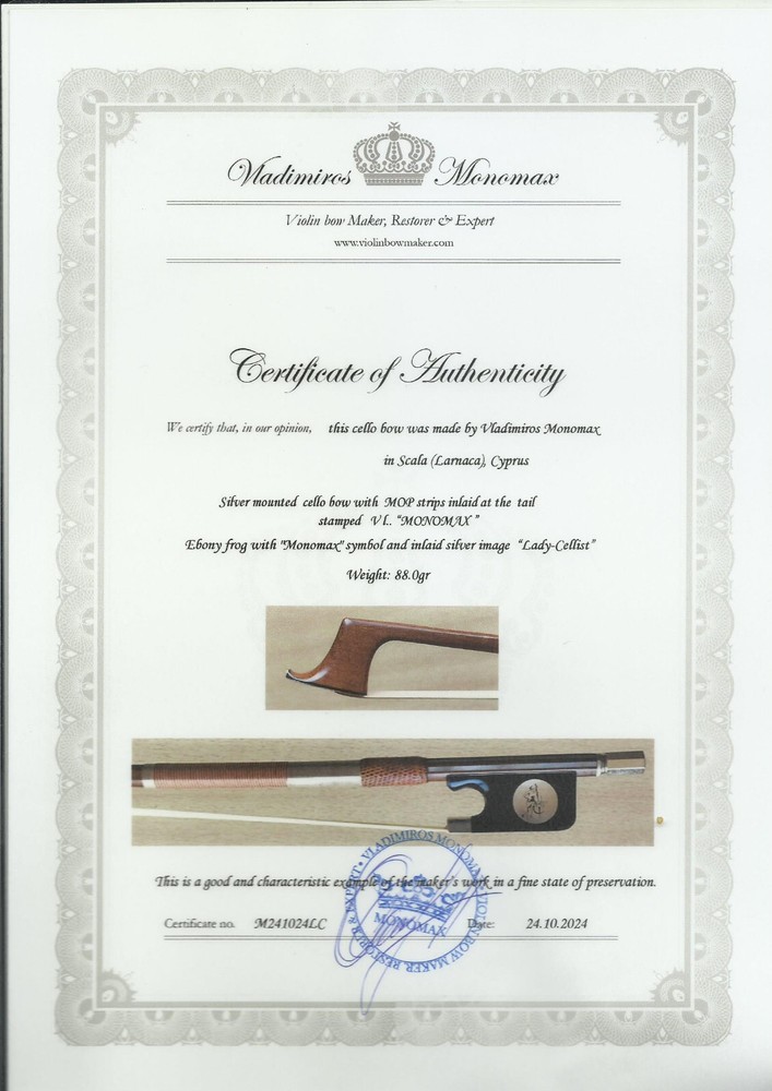 Certificate ONLY for pernambuco cello bow, frog “Lady-Cellist” image inlaid.