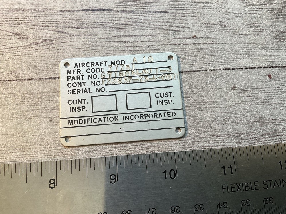 ORIGINAL EARLY FAIRCHILD A-10 WARTHOG AIRCRAFT MOD DATA NAME PLATE