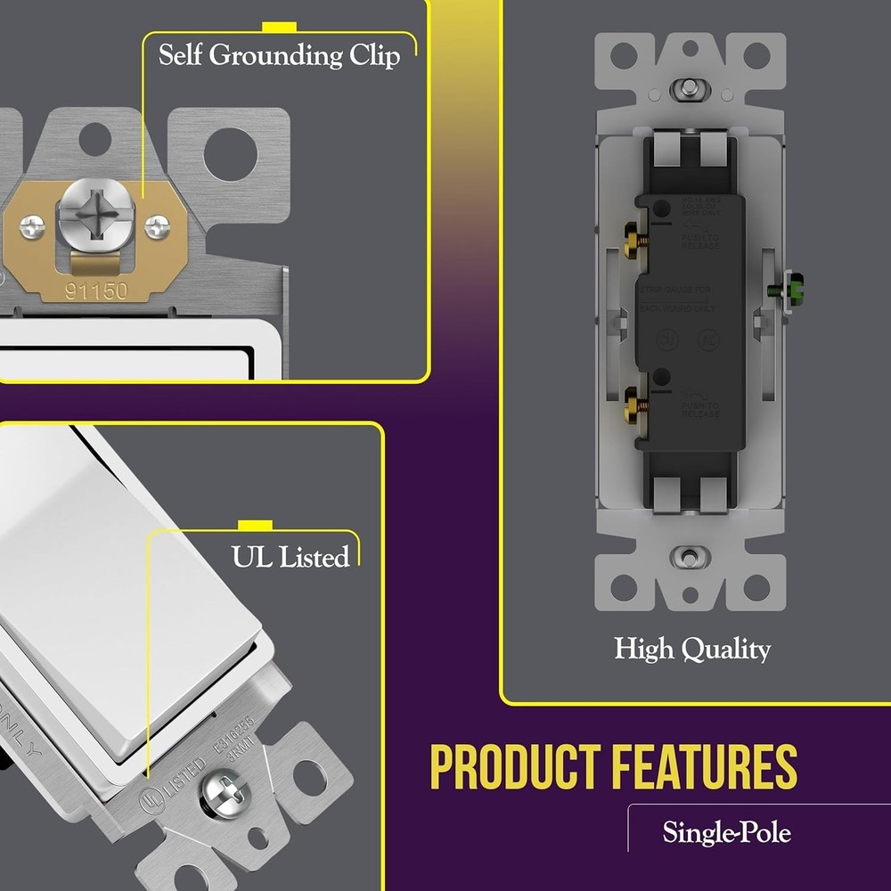 Decorator Paddle Rocker Light Switch, Gloss Finish, Single Pole, 3 Wire, Grou...