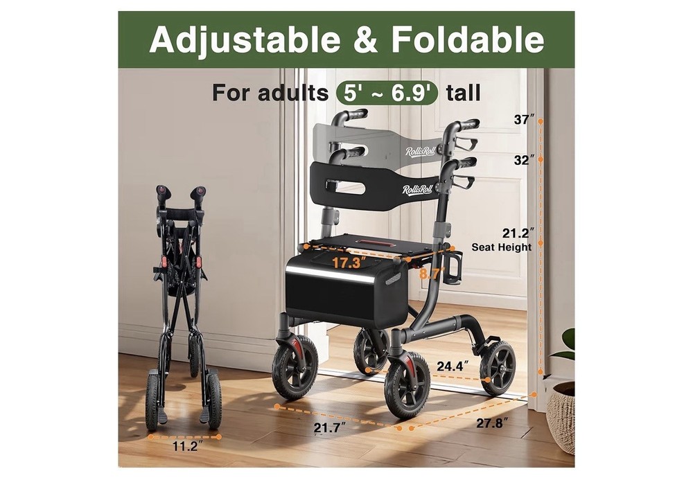 Rollisroll All Terrain Walker for Seniors with Seat, Foldable Aluminum Frame 10”