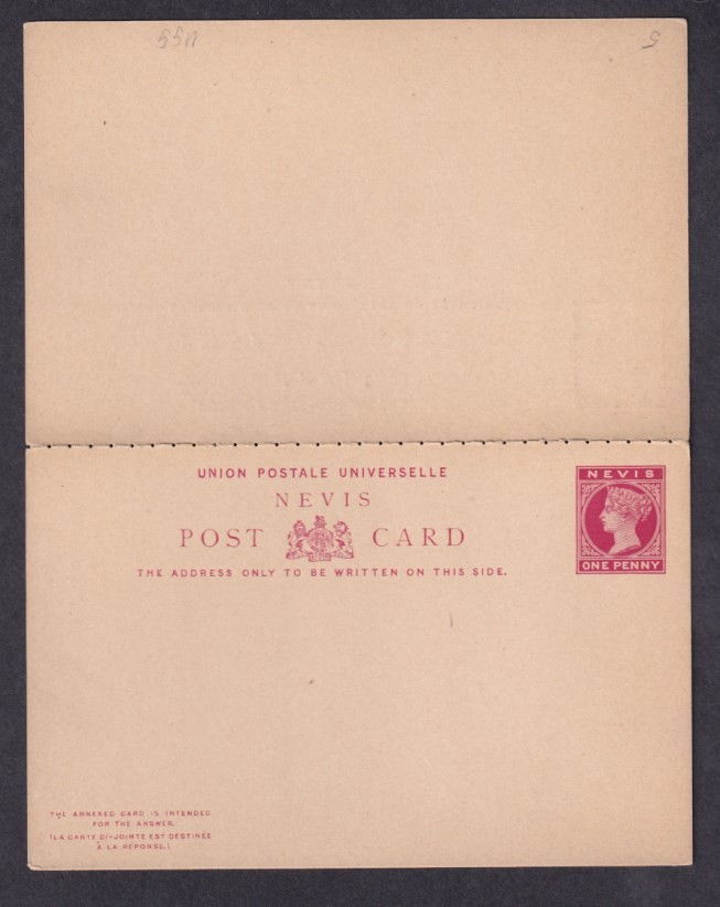 Nevis QV 1d+1d complete postal stationery reply card Mint