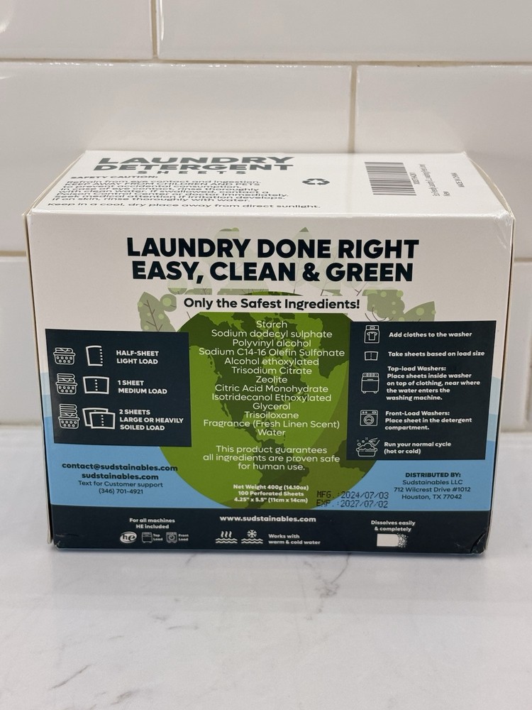 Sudstainables Laundry Detergent Sheets (200 Loads) Fresh Linen Scent