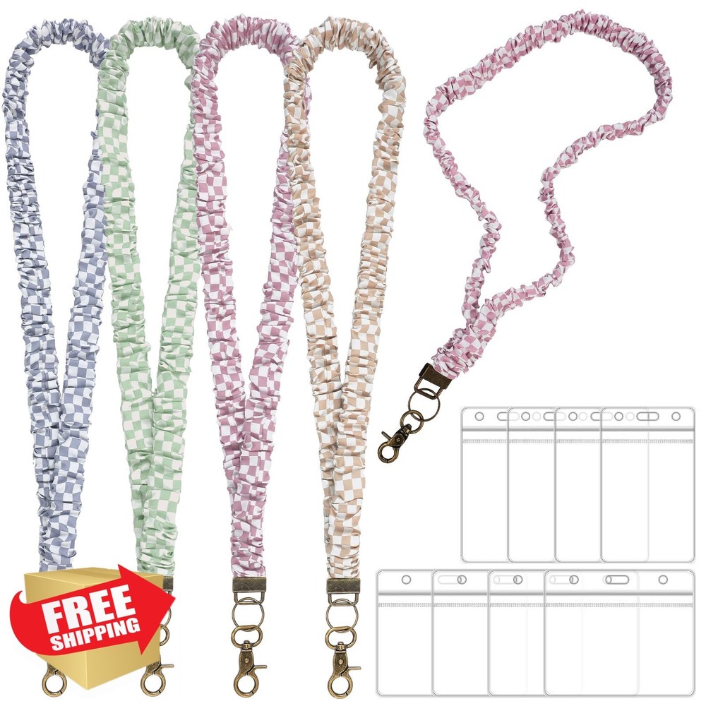 SATINIOR 4 Scrunchie Lanyards ID Holder Checkered