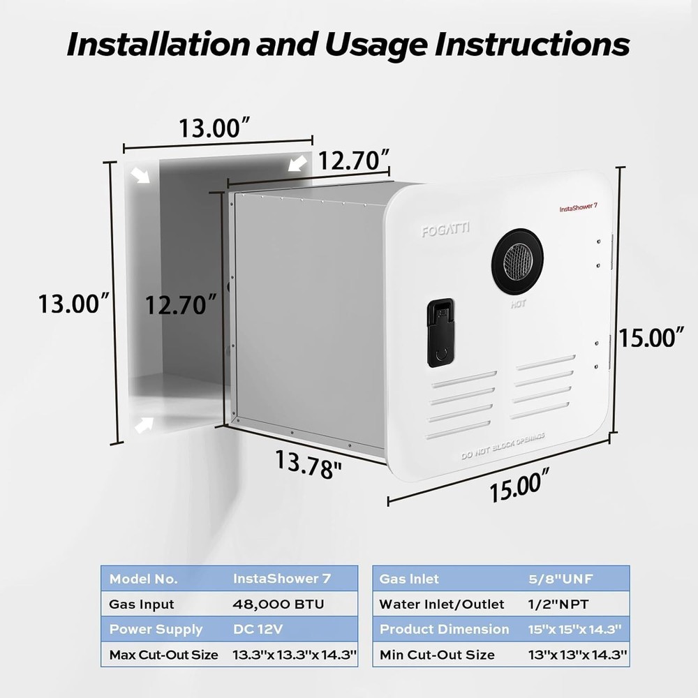 FOGATTI Tankless RV Water Heater 15x15 in Propane Gas 48,000BTU with Controller