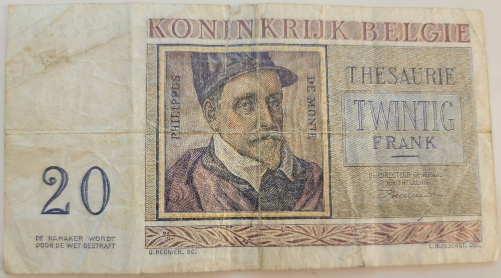 1956 Belgium 20 Francs Banknote