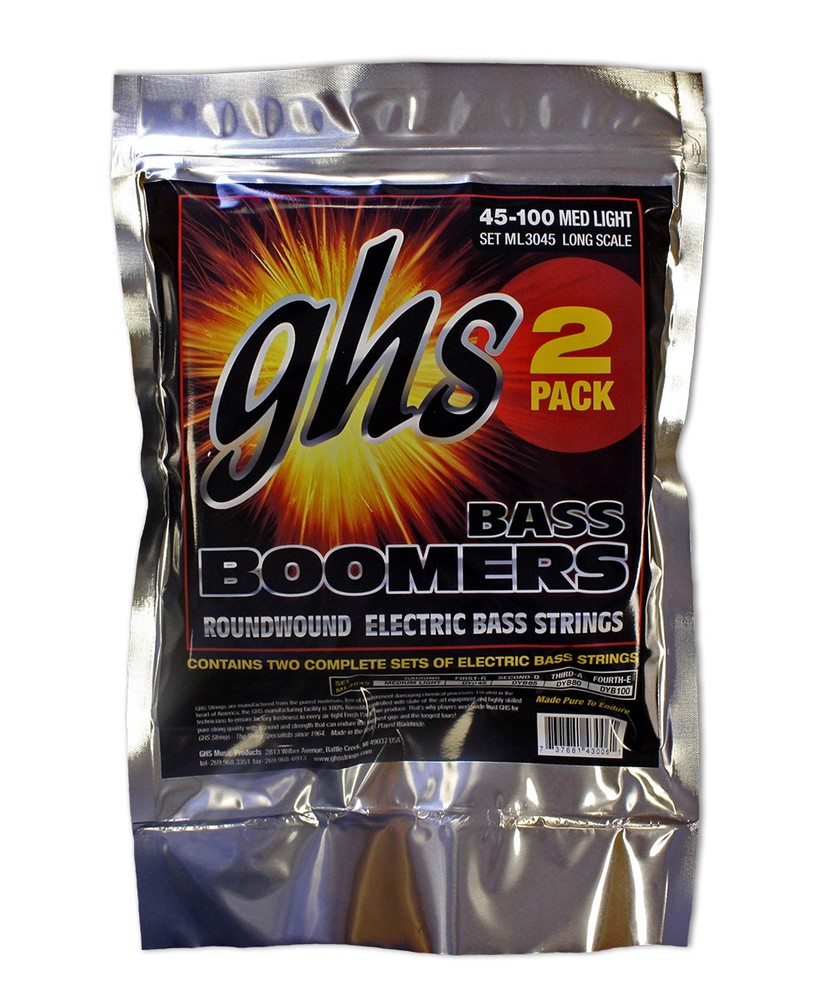 GHS Strings ML3045-2, 4 String Bass Boomers, Medium Light, 2 Pack (.045-.100)