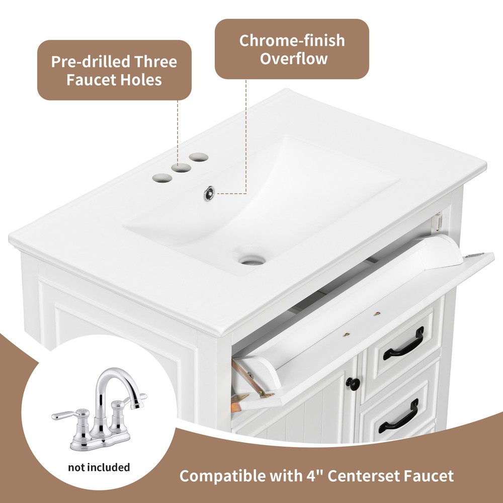 30" White Bathroom Vanity with Ceramic Sink and Solid Wood Cabinet