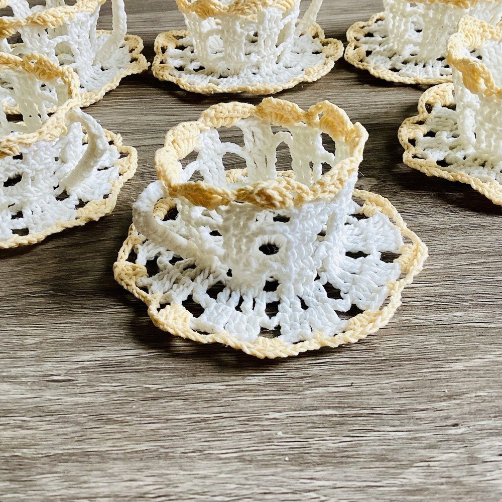 Set Of 6 Crochet Mini Tea Cup Saucer Table Setting Decor Easter Spring Egg Candy