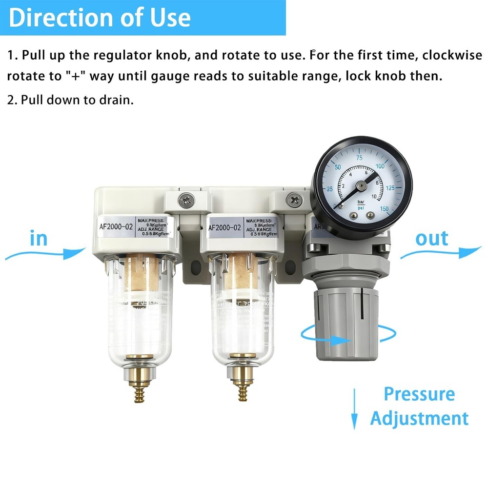 1/4" NPT Compressed Air Filter Regulator Lubricator Combo-Double,Semi-Auto Drain