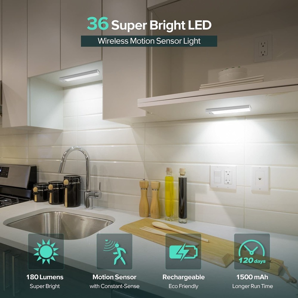 Under Cabinet Lights 3-Pack, Wireless Motion Sensor Lighting with 36 LEDs, 3 ...