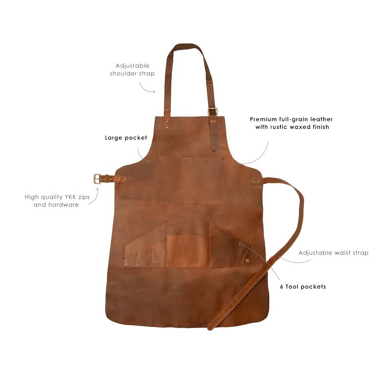 Distressed Multi-Pocket Leather Apron - Brown Full Grain Leather -