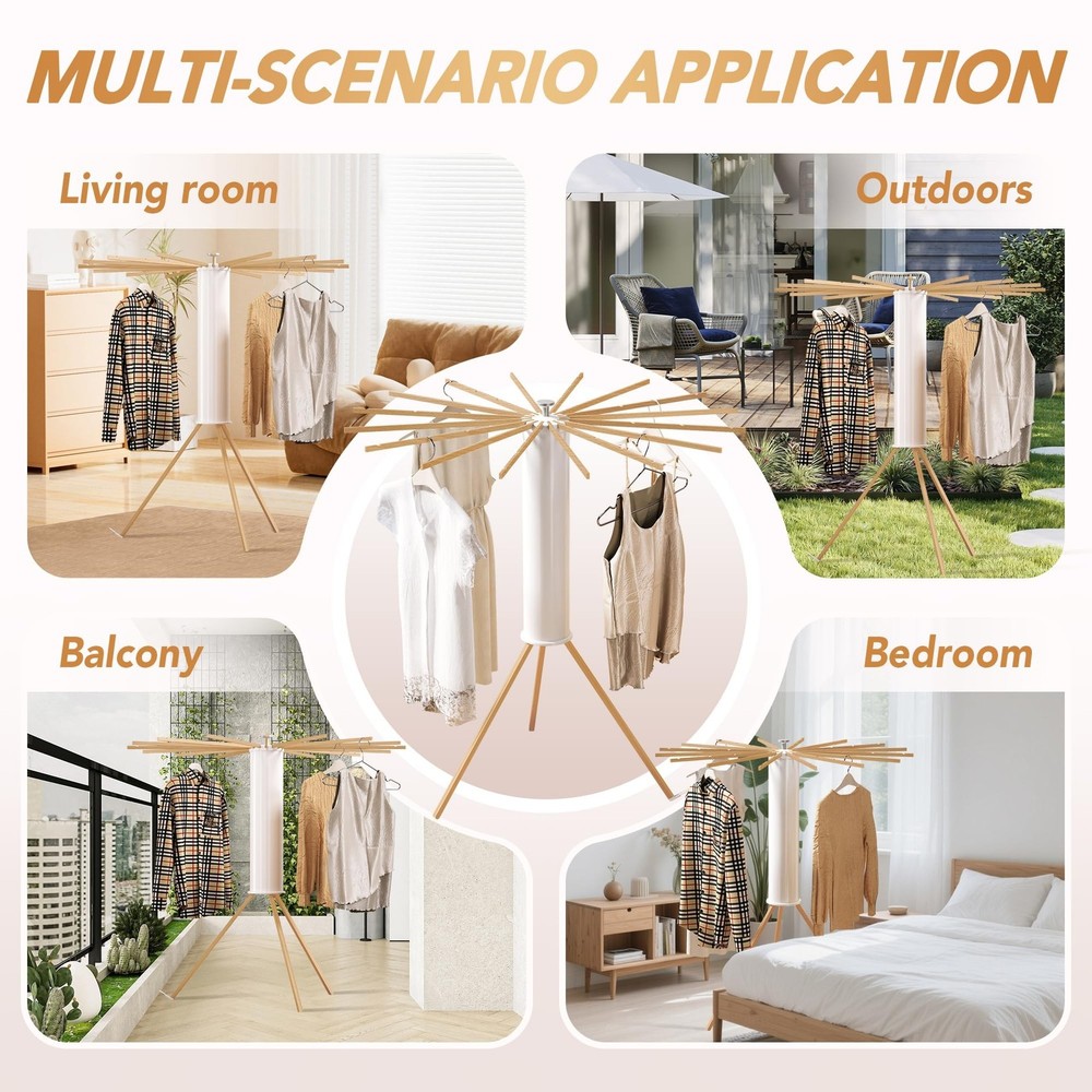 Foldable Tripod Clothes Drying Rack,Beechwood & Portable Laundry Stand, Space...