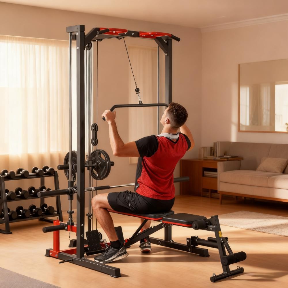 Power Cage Squat Rack w/ Lat Pulldown, Pull Up Bar, Landmine - 132lb Capacity