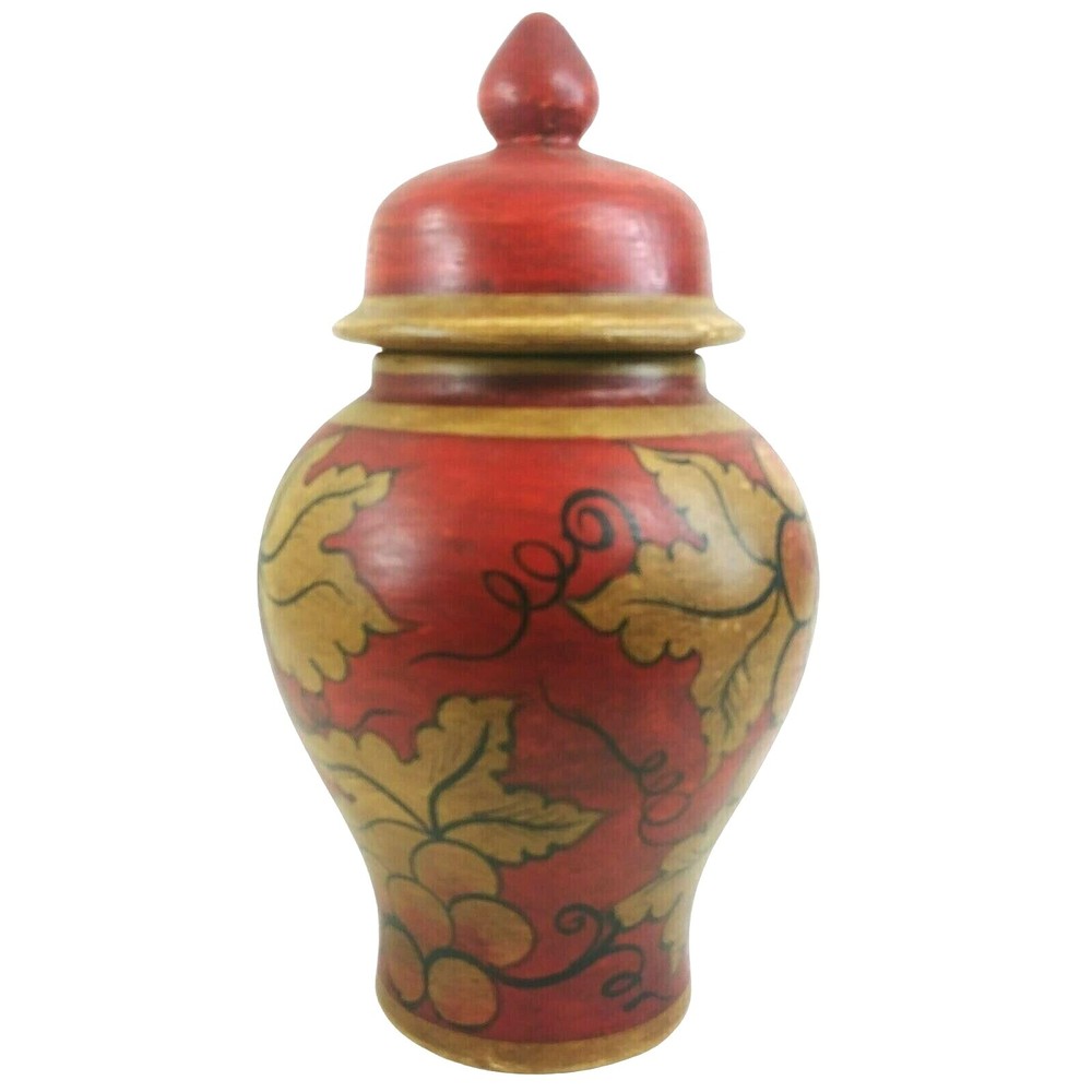 Storage Urn Canister Ginger Jar Lid Hand Painted Grapevine Design